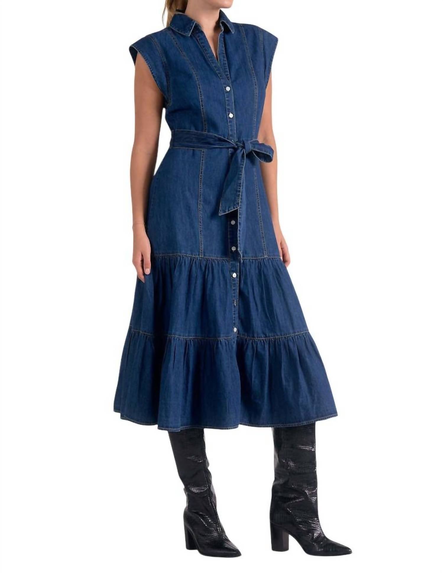 ELAN Cap Sleeve Denim Midi Dress in blue - women's dress - detail view