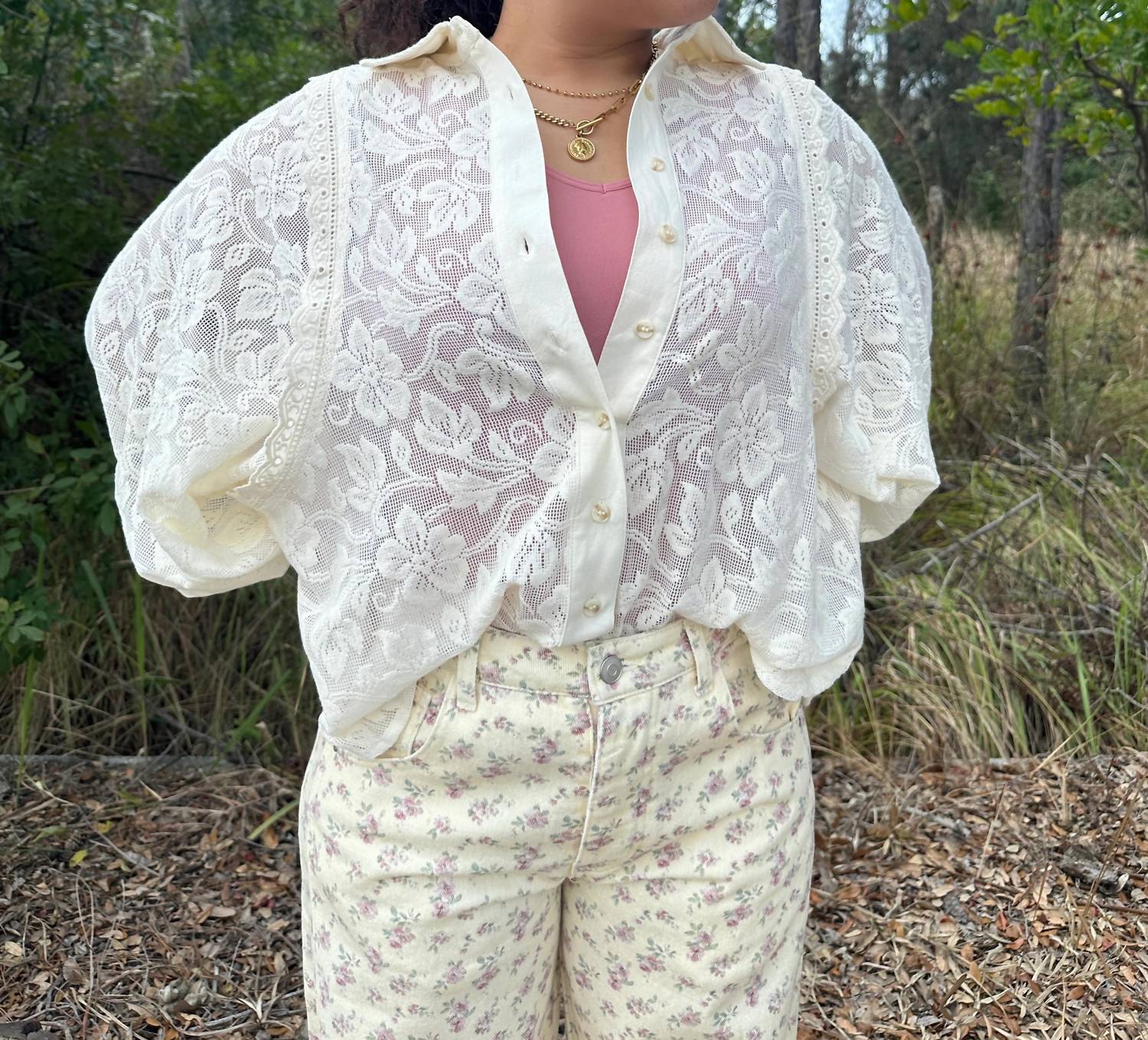 Stitch & Co. - Lace Eyelet Accent Long Sleeve Blouse