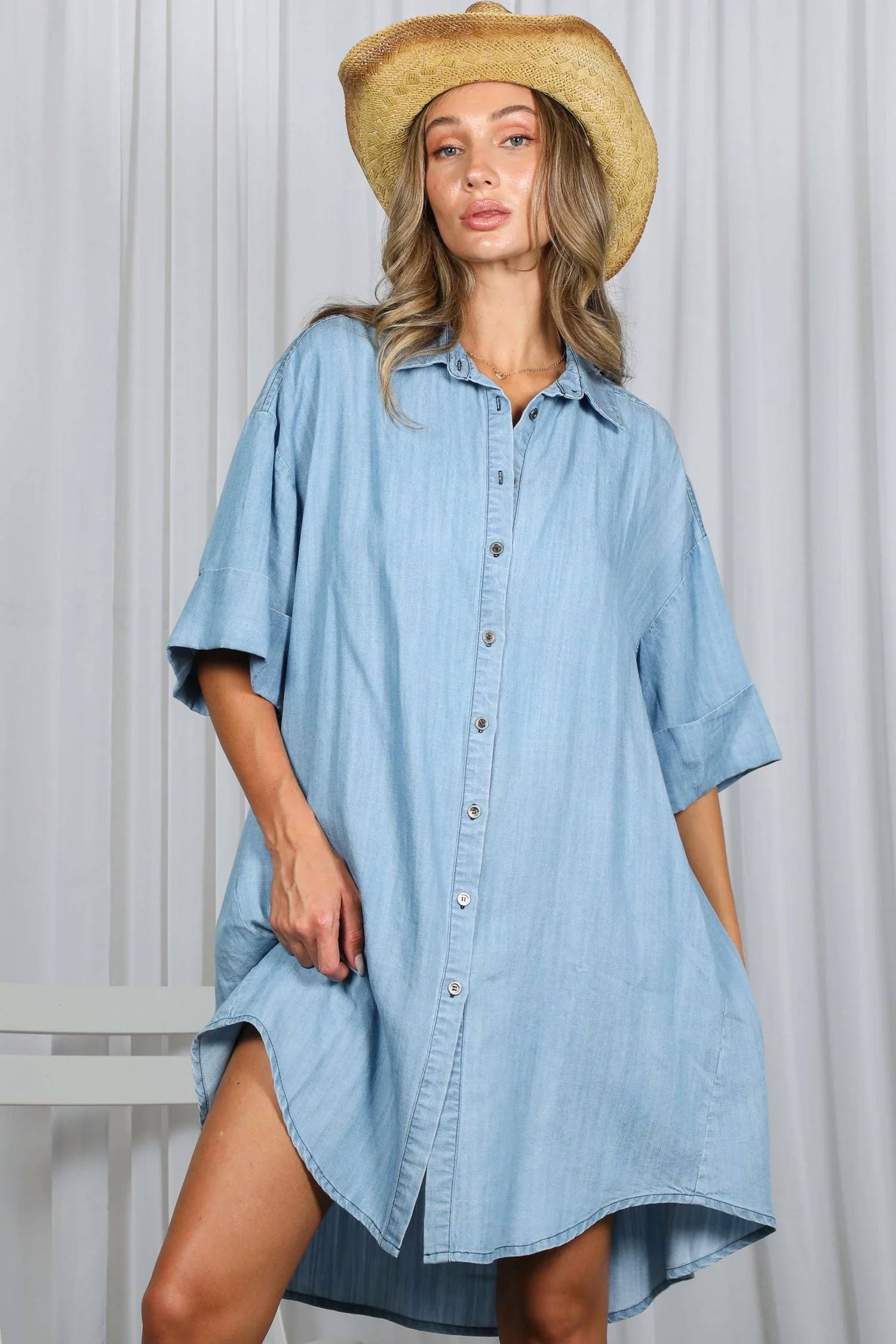 Vine & Love - High-low Denim Shirt Dress