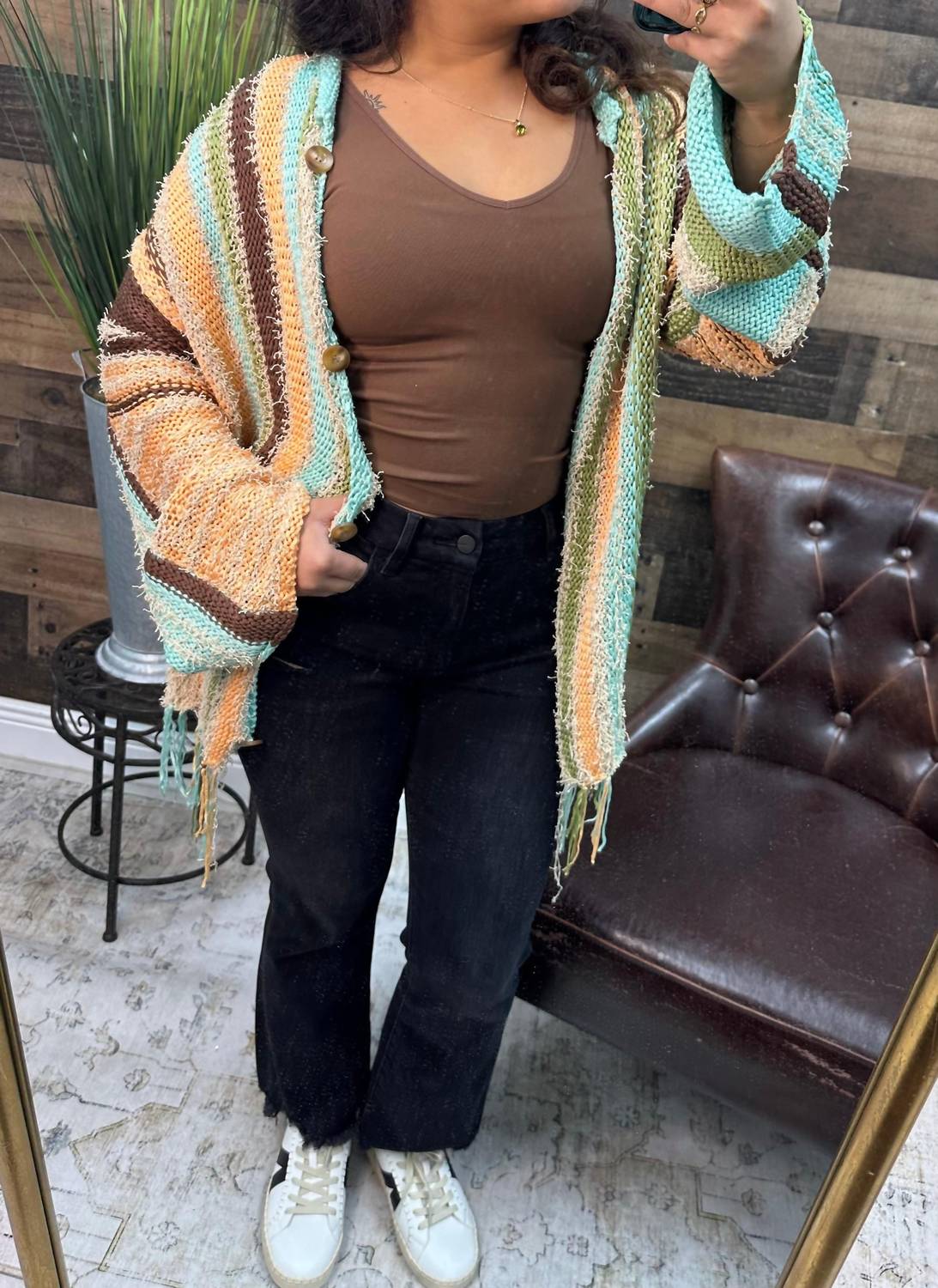 Easel - Stripe Fringe Cardigan Sweater
