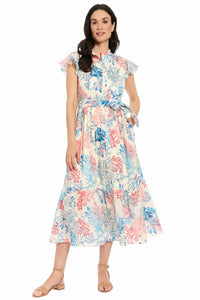 London Times - Ruffle Neck Flutter Sleeve Midi Dress