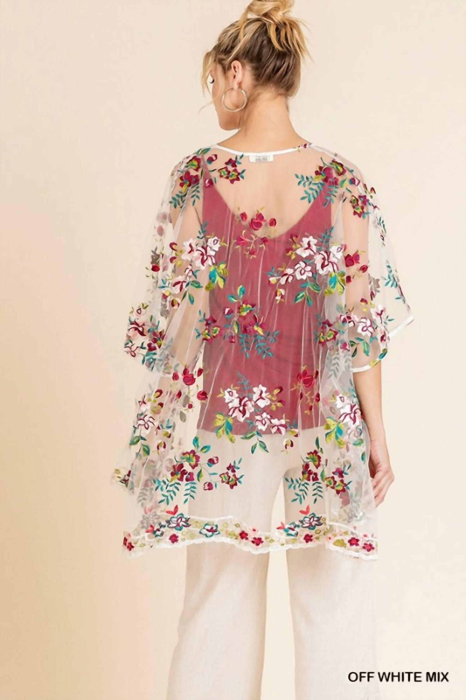 Umgee - Floral Embroidered Sheer Mesh Kimono