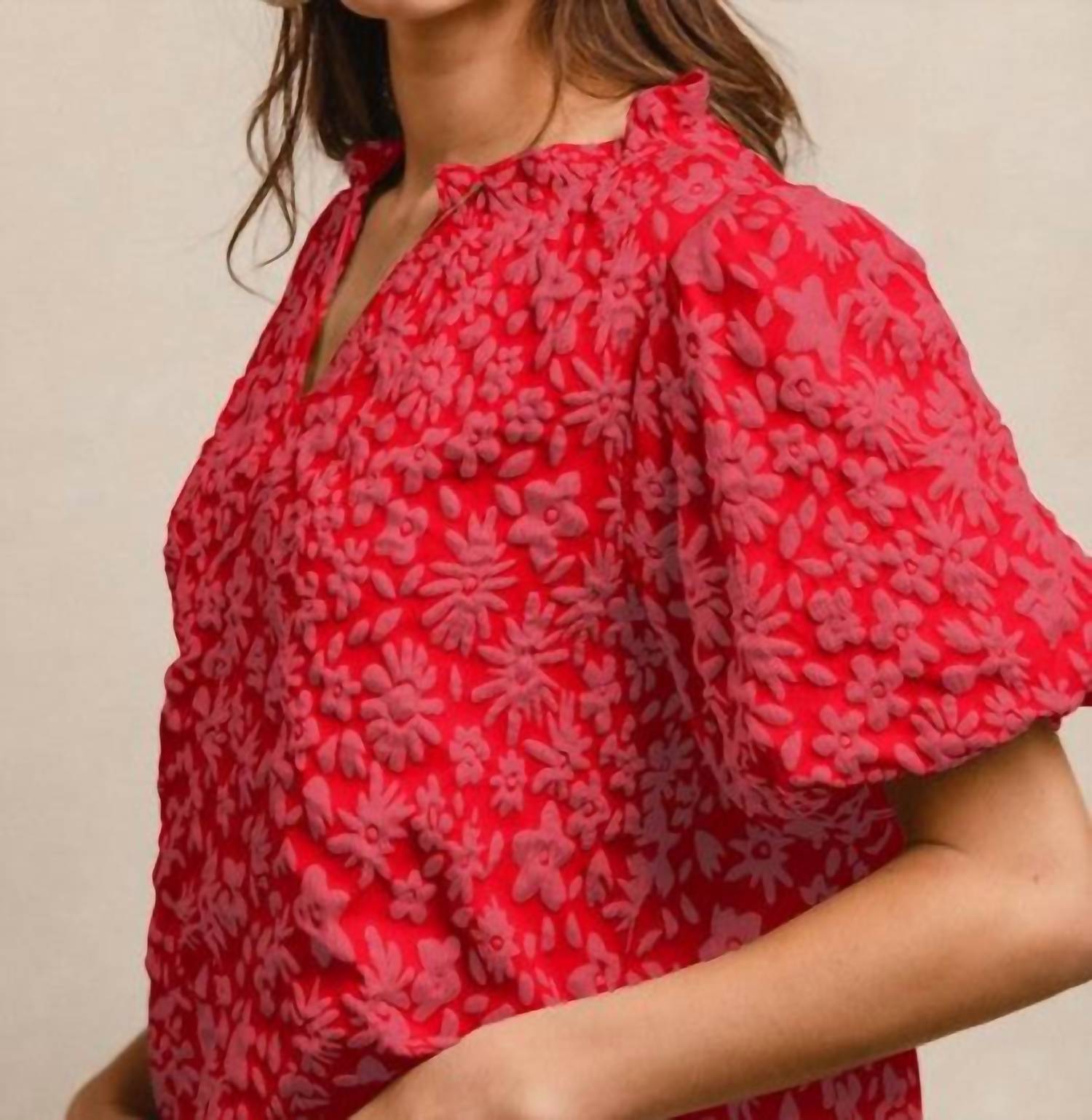 BiBi Floral Balloon Sleeve Top in red - women's blouse