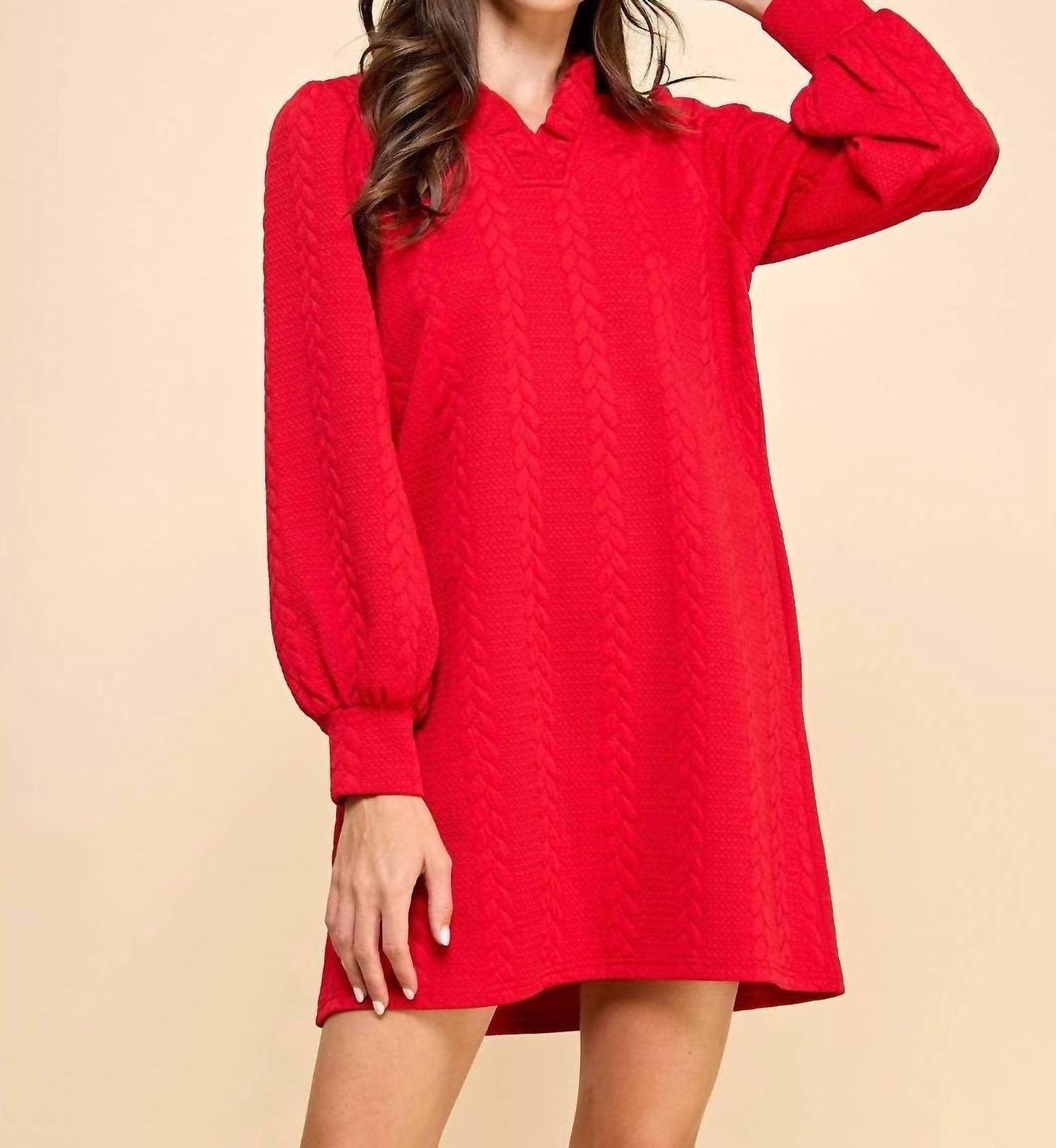 Veveret - Miley Twist Textured Knit Puff Long Sleeve Dress
