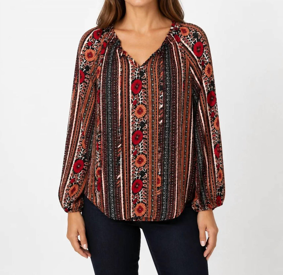 Papillon - Women's Multi Floral Stripe V-notch Shirt