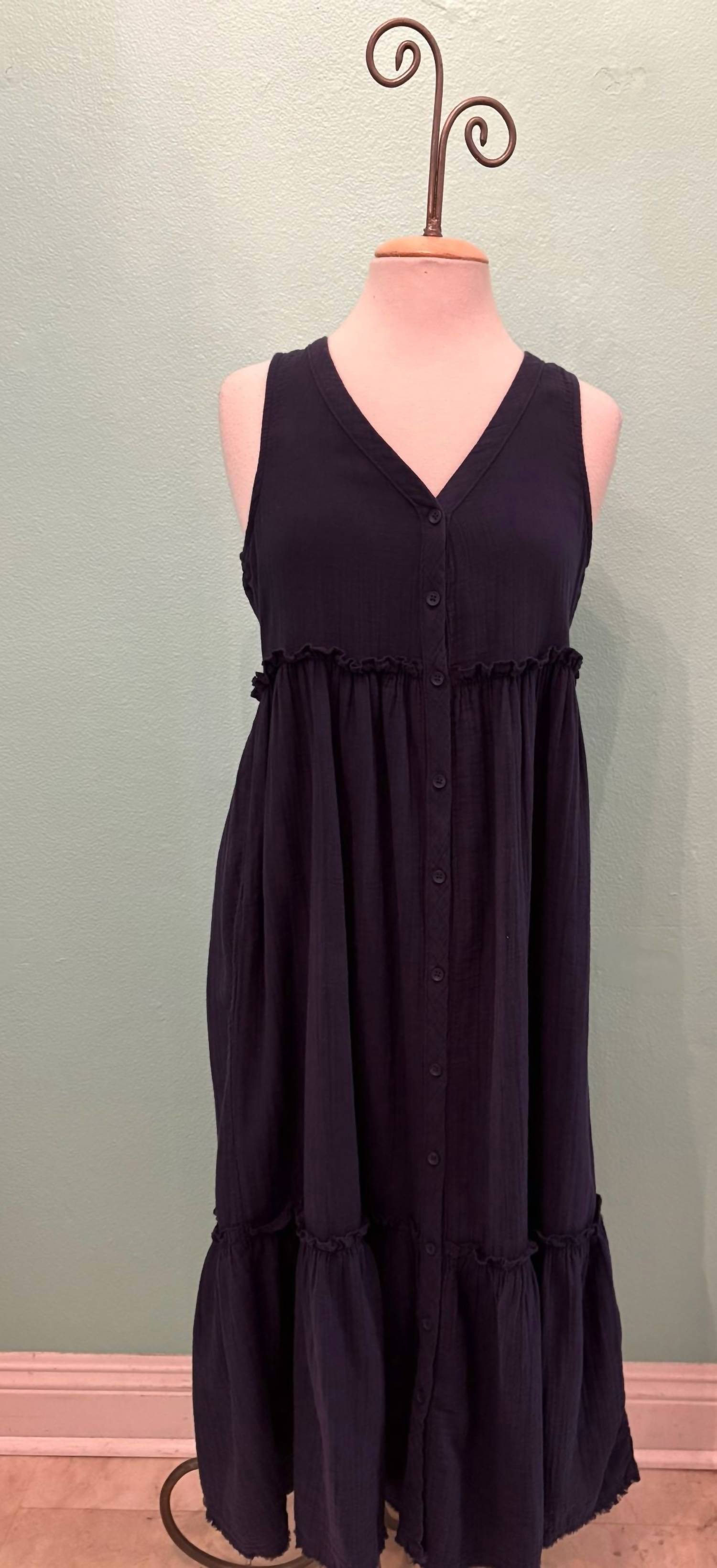 mododoc Women's Button Front Tier Midi Tank Dress in vibrant navy - women's dress