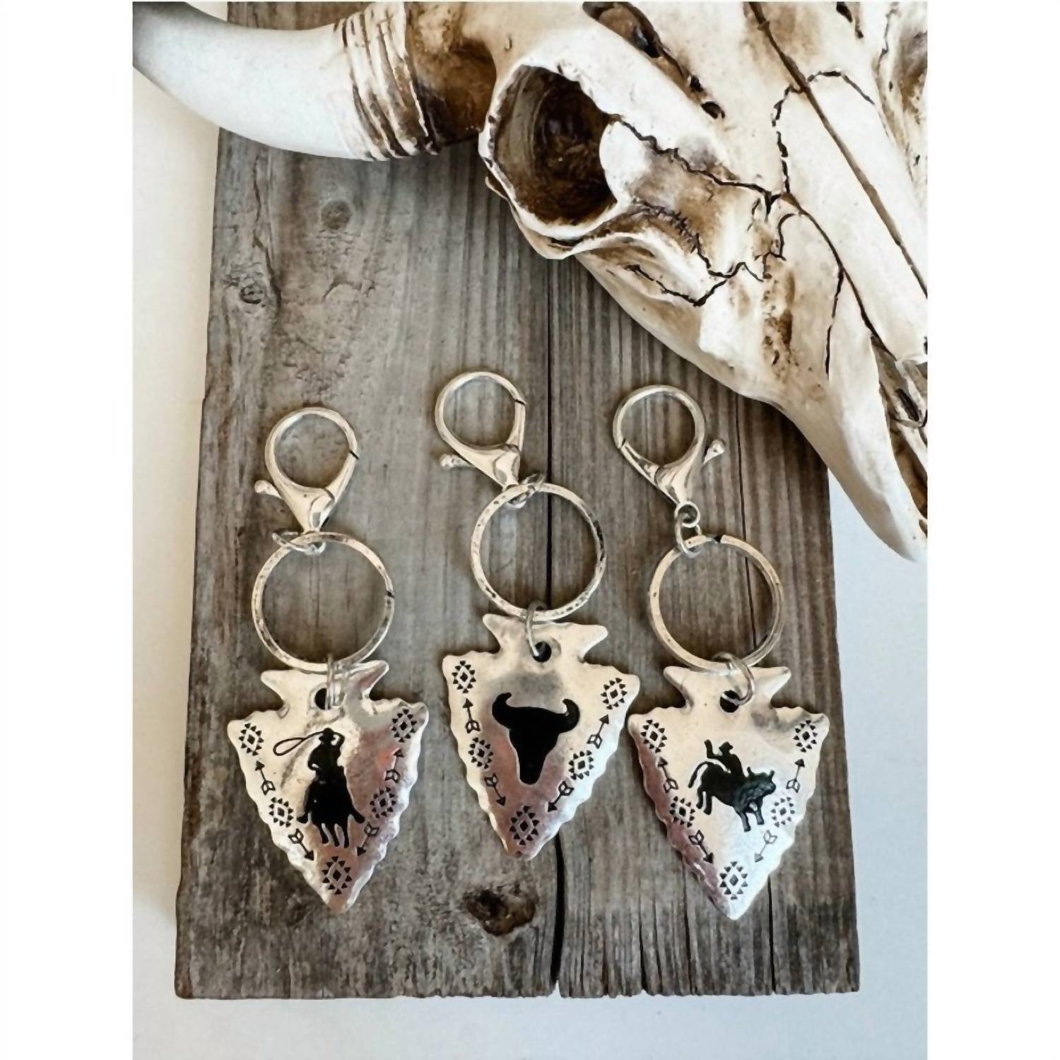 Boho Ranch Women's Aztec Arrowhead & Steer Keychain in silver - women's accessory - alternate view