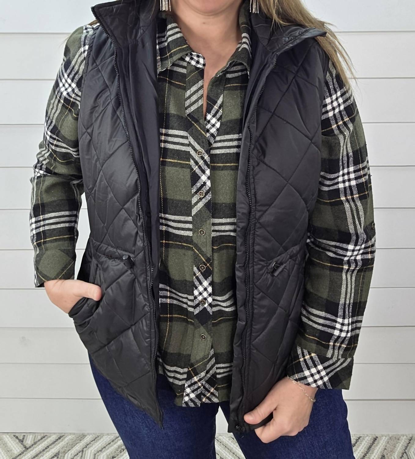 Keren Hart Quilted Cinch Zipper Vest in black - women's jacket - alternate view