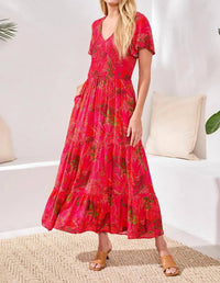 Tribal - Ruched-top Short Sleeve Maxi Dress