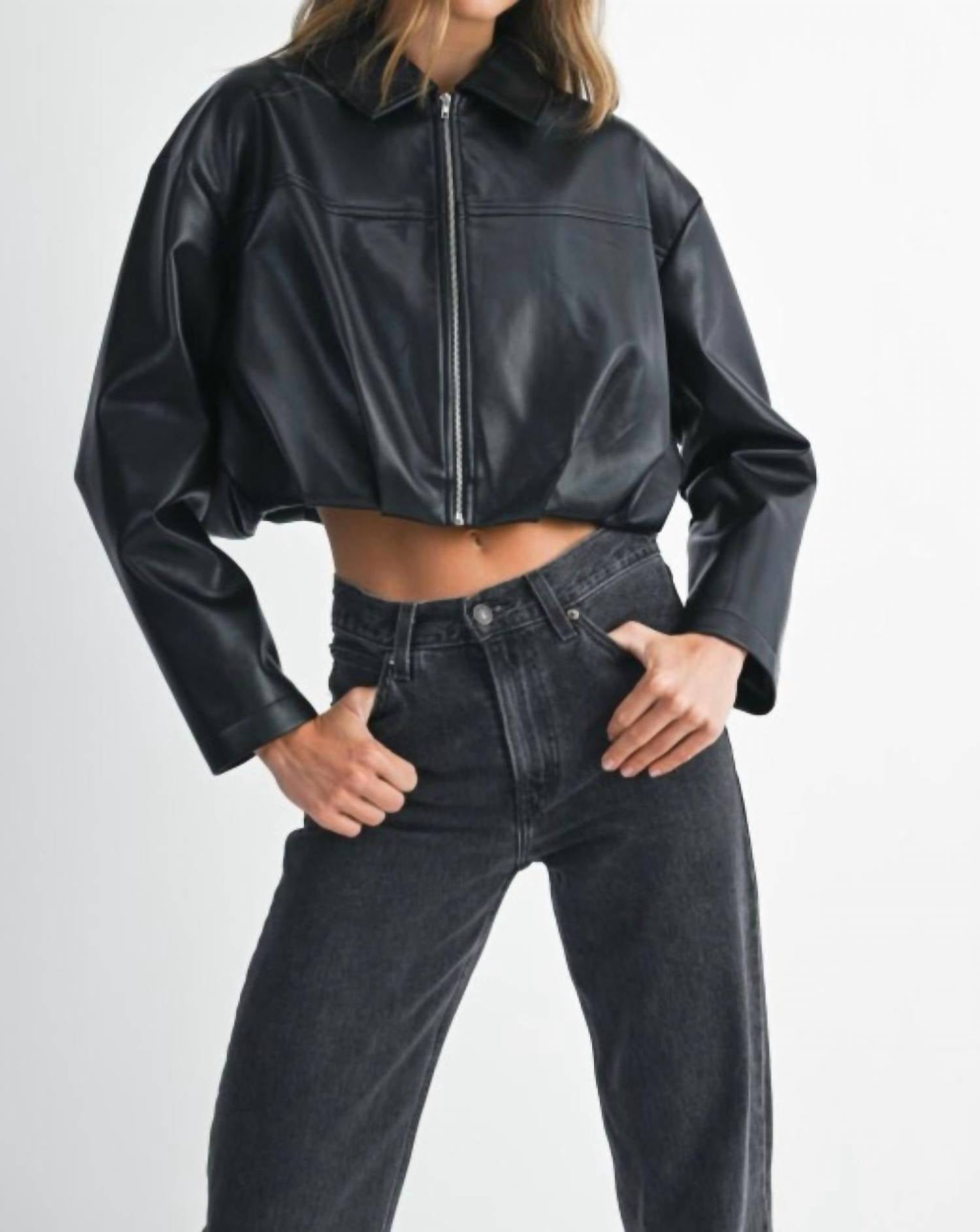 Mable - Faux Leather Pleated Bubble Hem Cropped Jacket