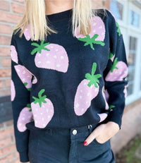Compania Fantastica Women's Strawberry Sweater in pink black - women's sweater - detail view