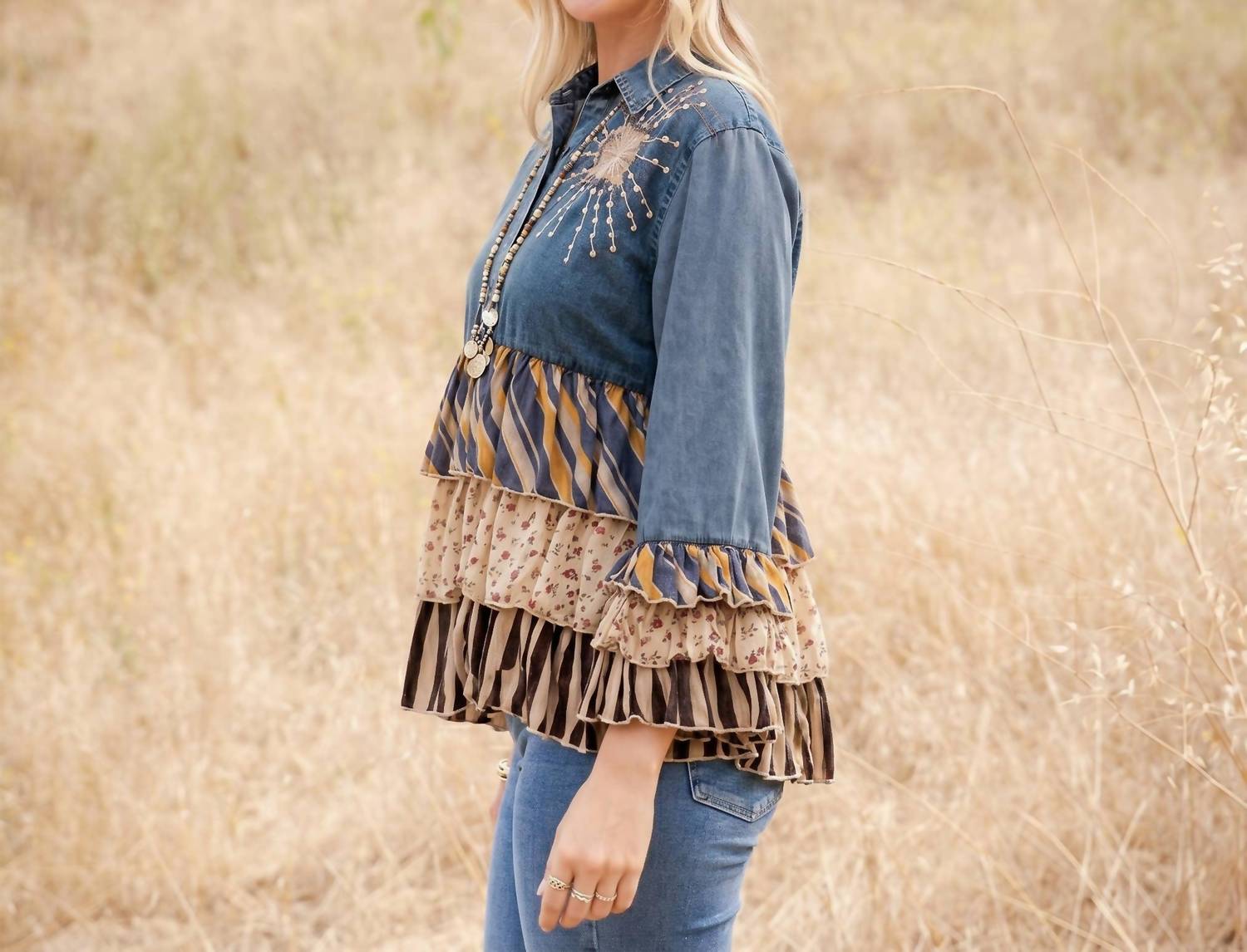 Young Threads - Vintage Boho Denim Yoke Patchwork Tiered Tunic Top