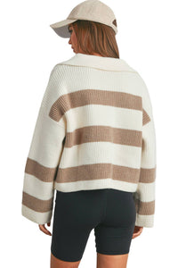 Buttermelon Striped Wide Collar Sweater in ivory taupe - women's sweater - alternate view