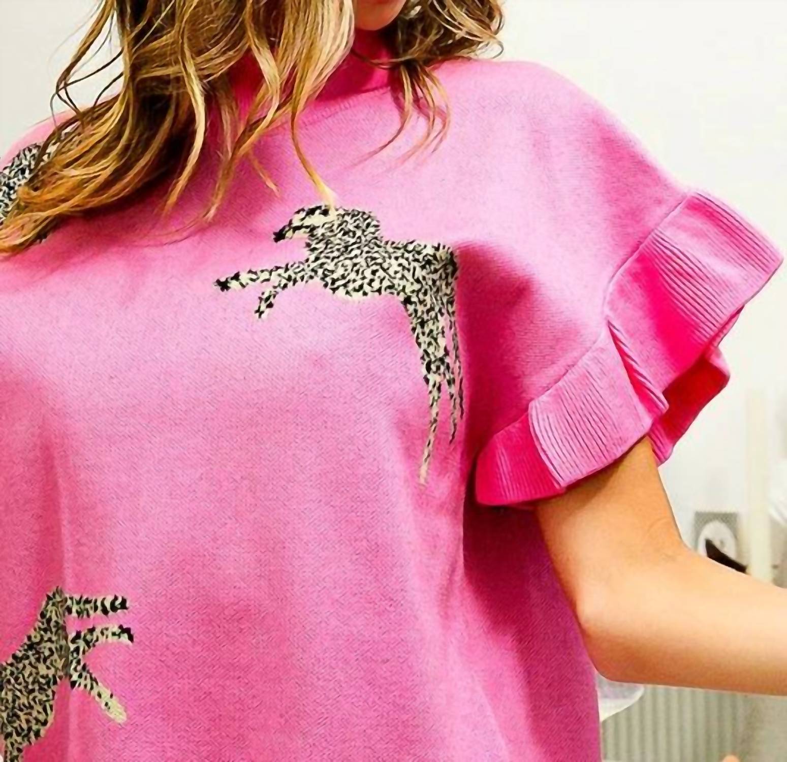 Bibi - LEOPARD PATTERN SHORT SLEEVE SWEATER TOP