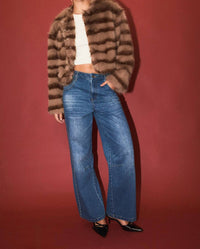 LE LIS Evie Faux Fur Crop Coat in mocha brown stripe - women's jacket - view 6