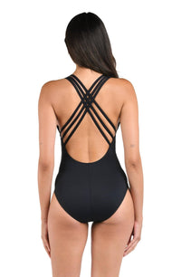 La Blanca Standard Island Goddess Multi Strap Cross Back Swimsuit in black - women's swimwear - detail view