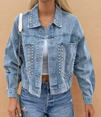Wisteria Lane - Women's Studded Cropped Washed Denim Jacket
