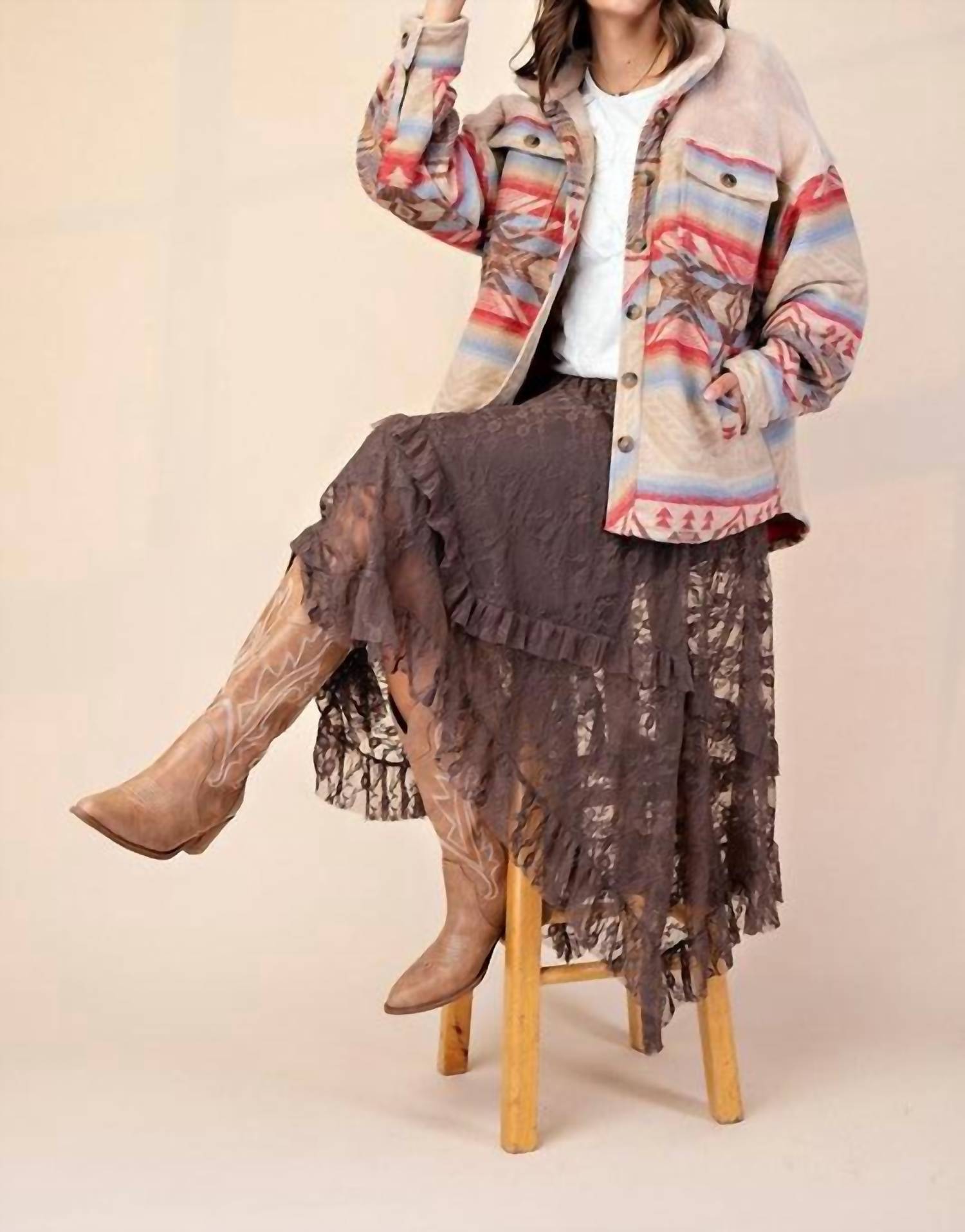 Easel - Ethnic Print Button Down Shacket