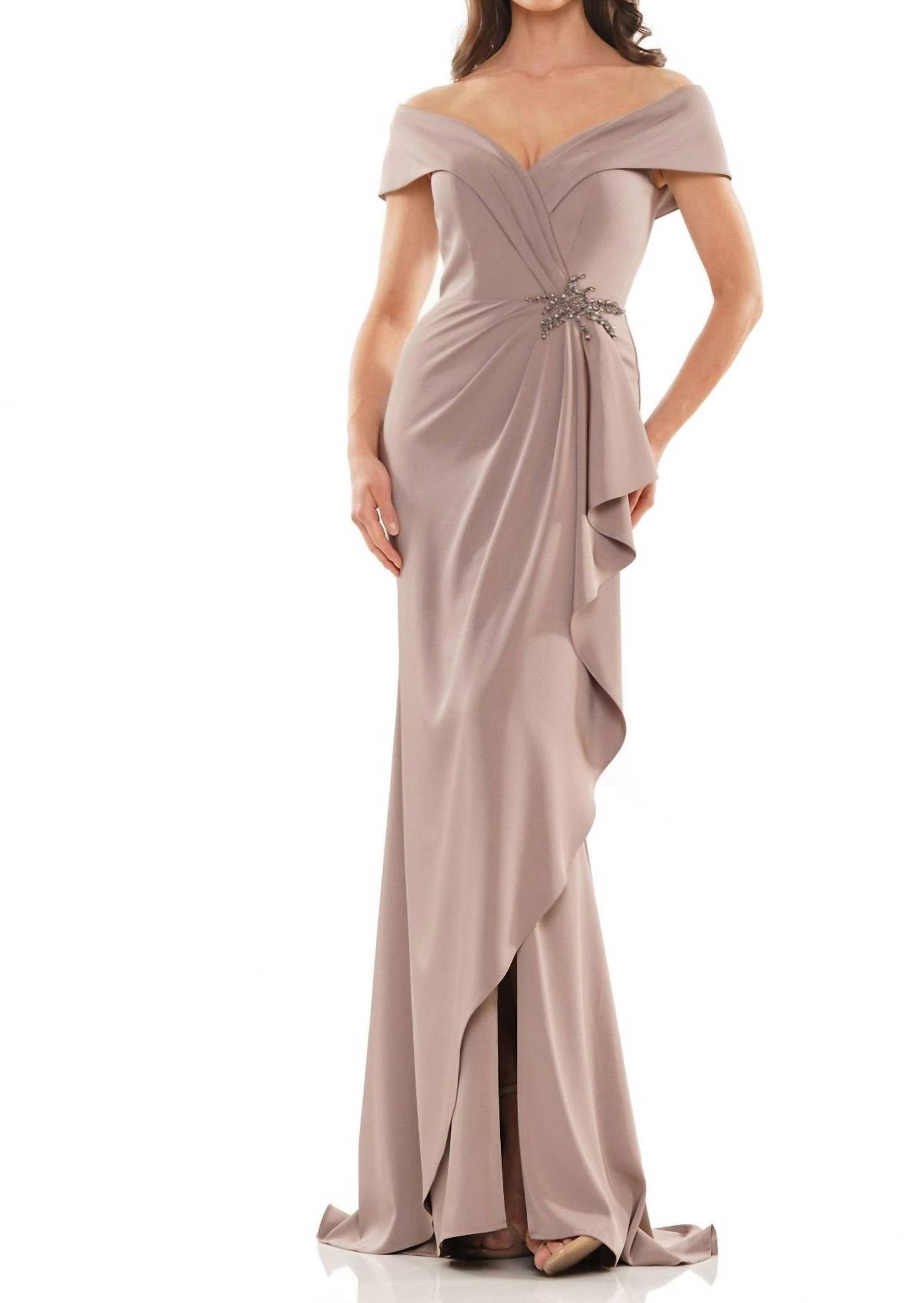 Marsoni by Colors Faux Wrap Off The Shoulder Dress in mink - women's dress