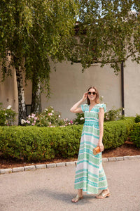 SAIL to SABLE V-neck Flutter Sleeve Maxi Dress in green multi stripe - women's dress - detail view
