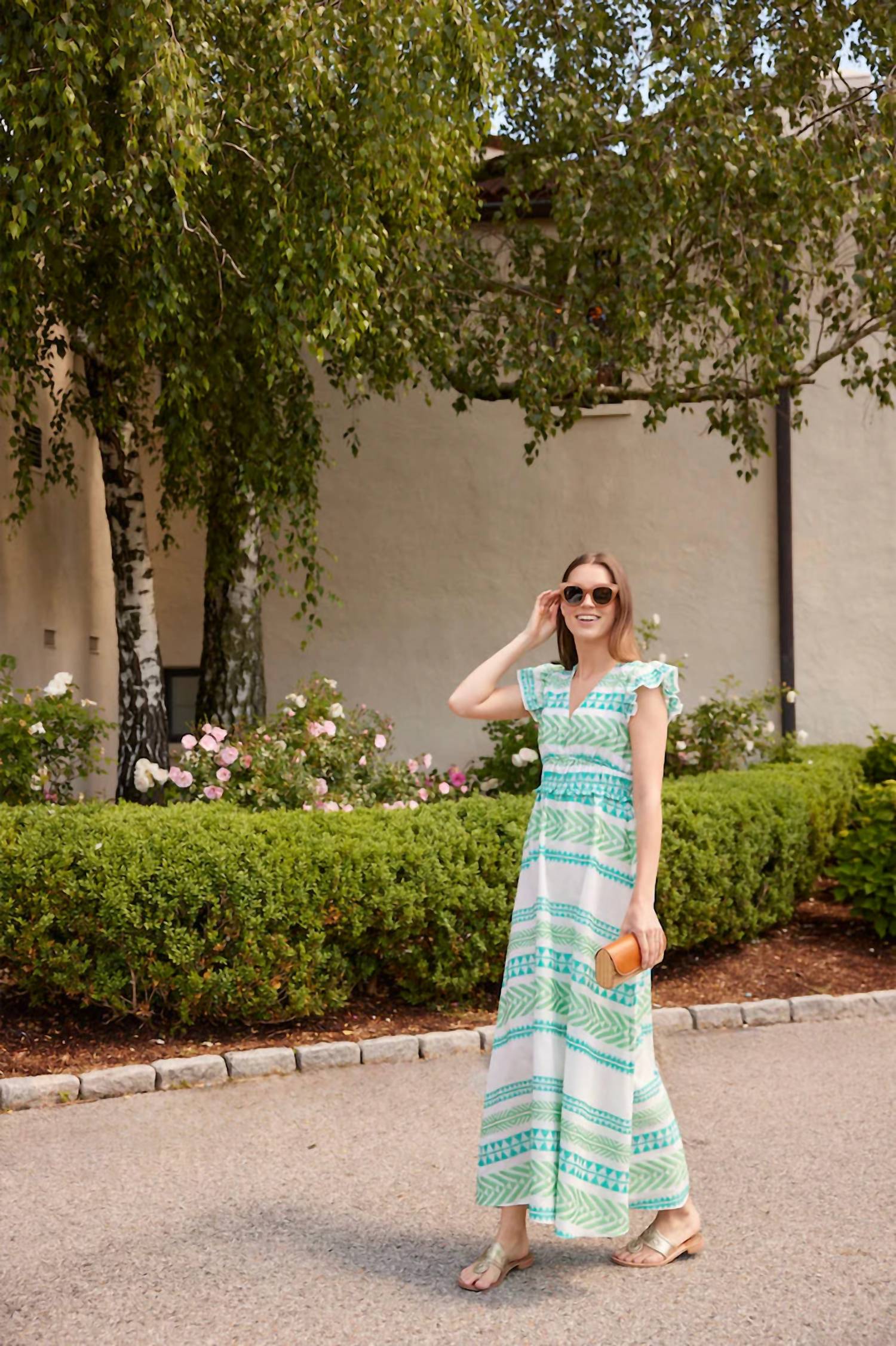 SAIL to SABLE V-neck Flutter Sleeve Maxi Dress in green multi stripe - women's dress - detail view