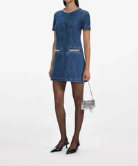 Self-Portrait - Denim Crystal Trim Mini Dress