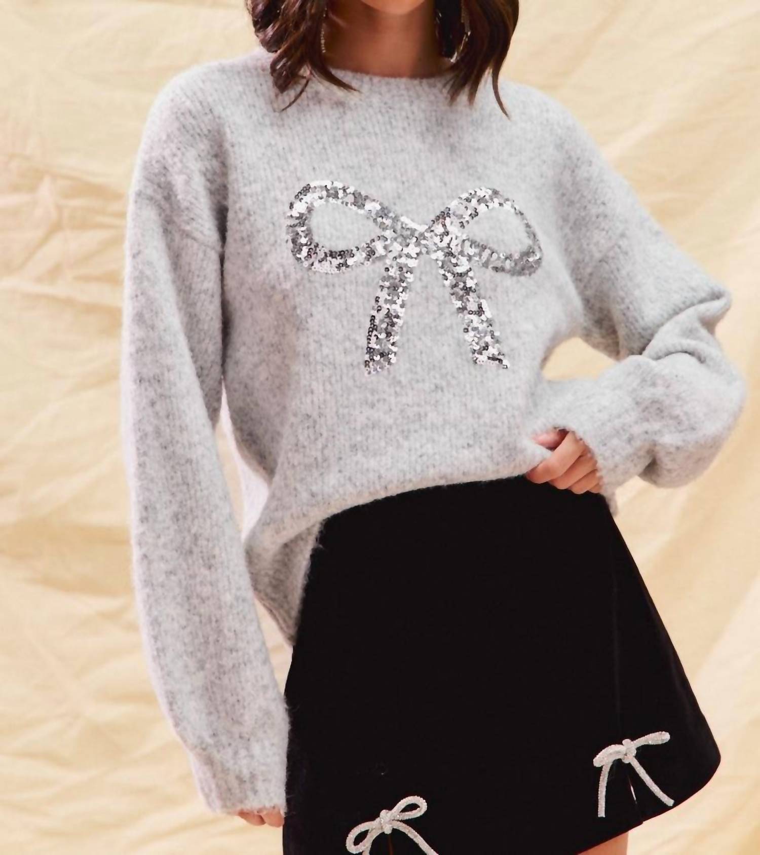 So Me Brent Bow Sequin Holiday Sweater Top in heather grey - women's sweater