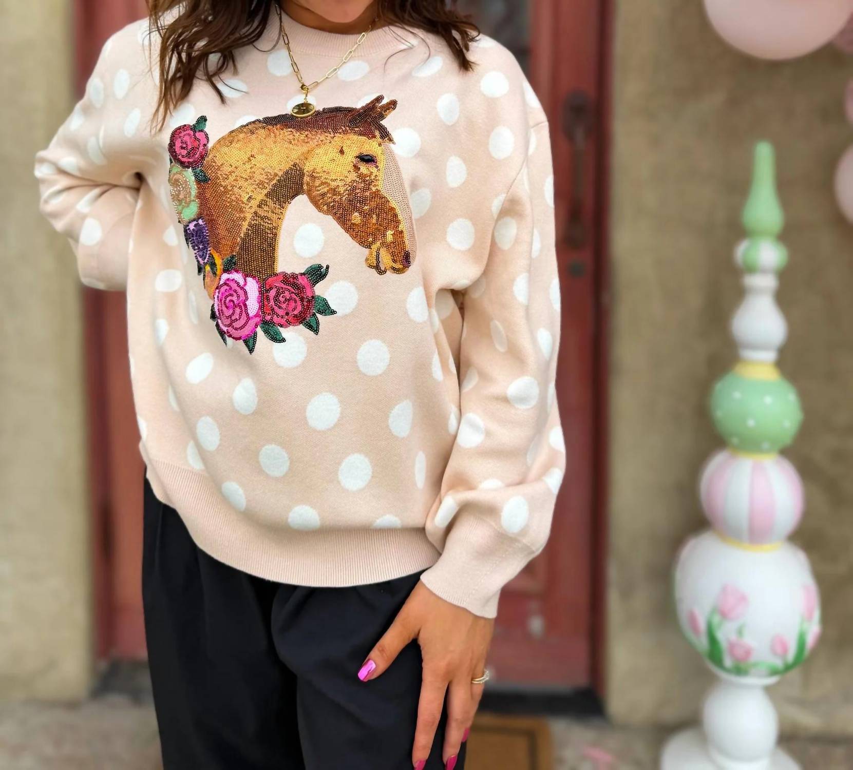 Queen Of Sparkles - Polka Dot Horse & Rose Wreath Sweater