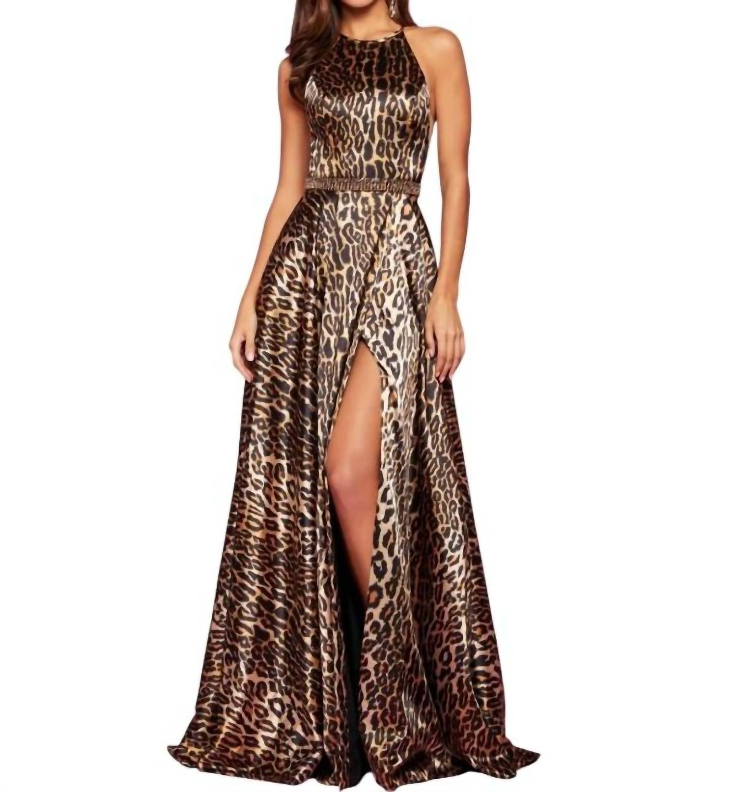 Sherri Hill Satin Halter Gown in animal print - women's dress