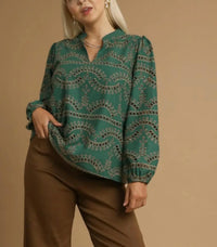 umgee Vera Eyelet Long Sleeved Top in green - women's long sleeve top - alternate view