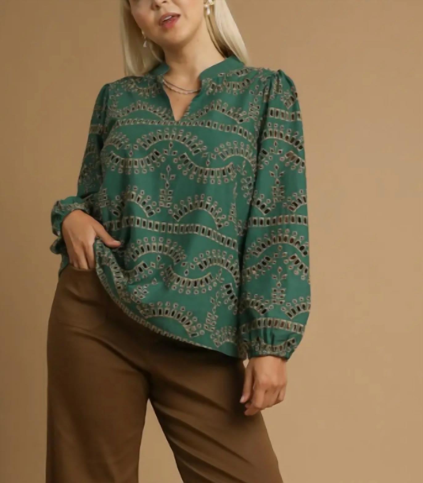 umgee Vera Eyelet Long Sleeved Top in green - women's long sleeve top - alternate view