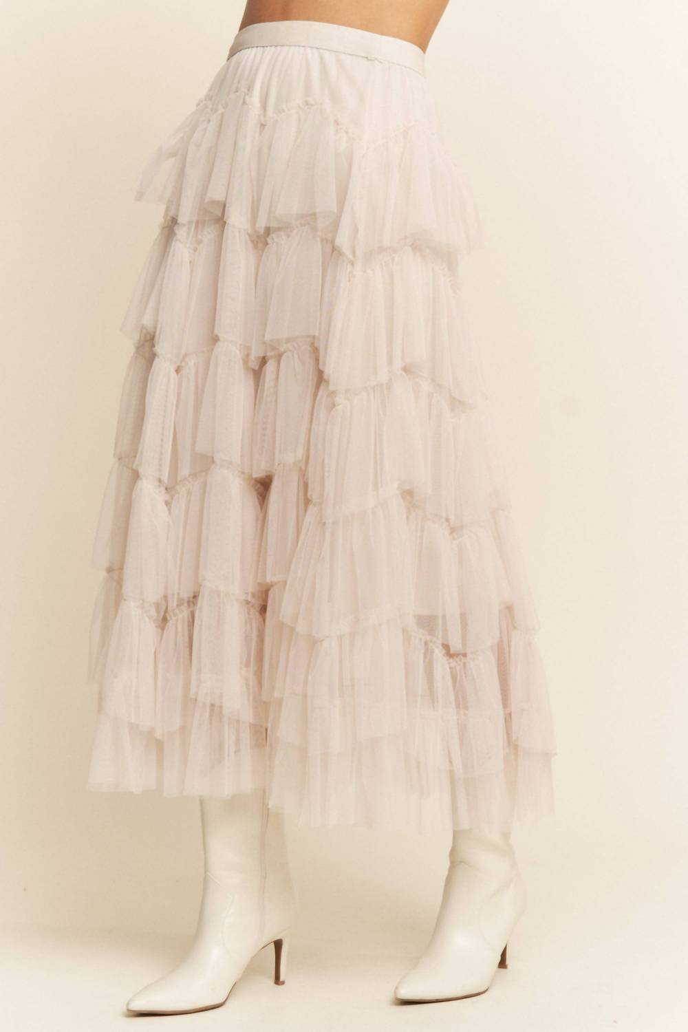 J.Nna - Tiered Ruffle Mesh Lined Maxi Skirt