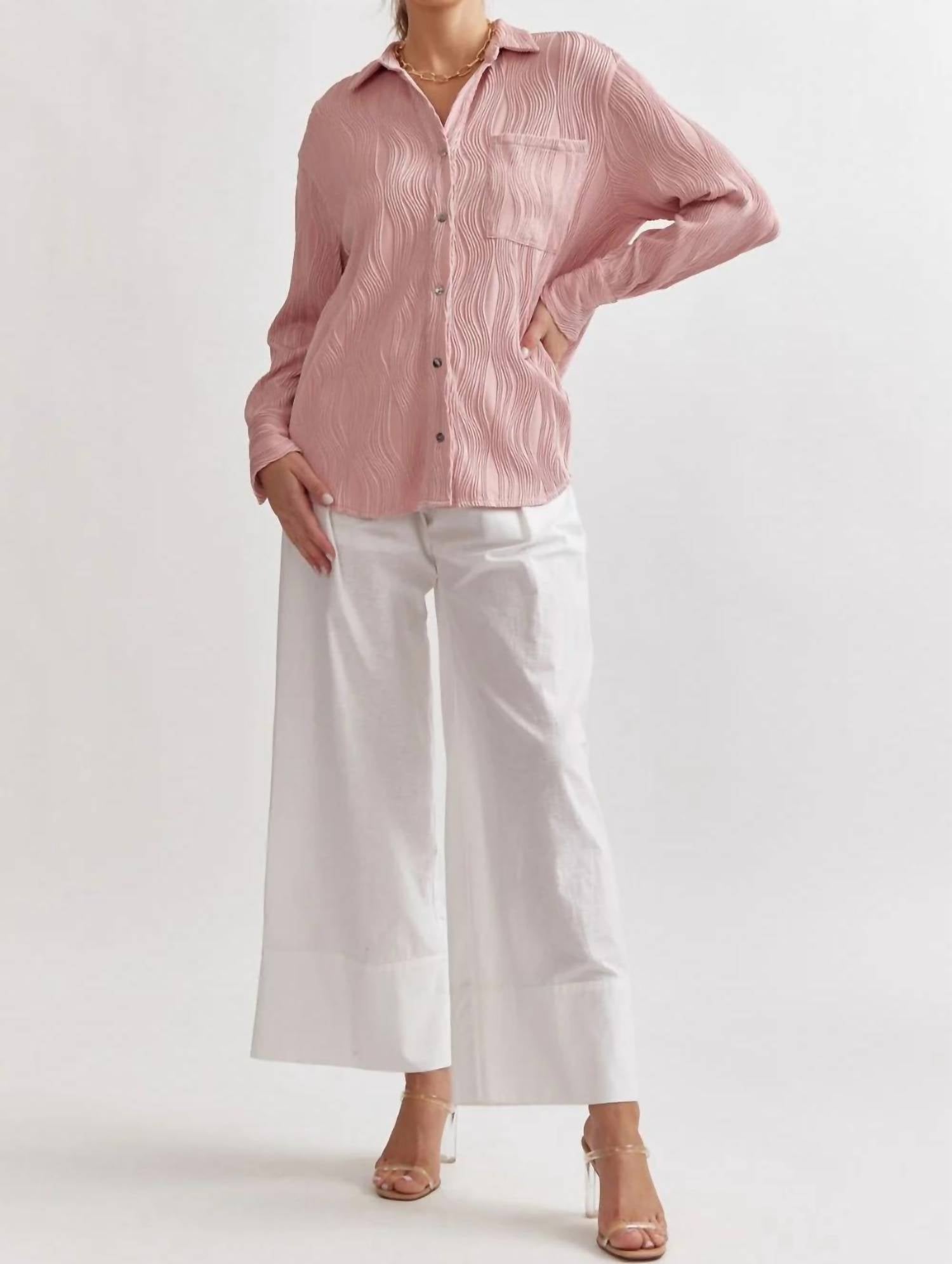 Entro - Wave Textured Long Sleeve Button Up Blouse