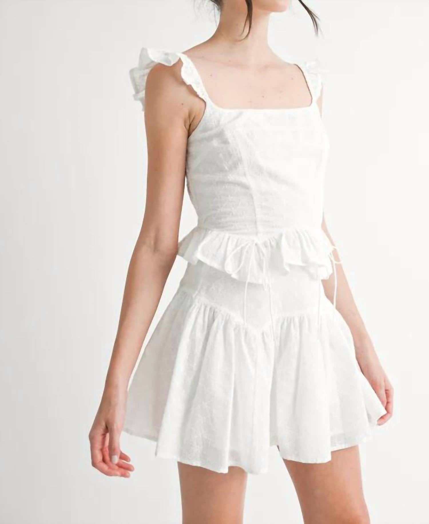 Mable - Eyelet Ruffle Sleeve Top And Mini Skirt Set