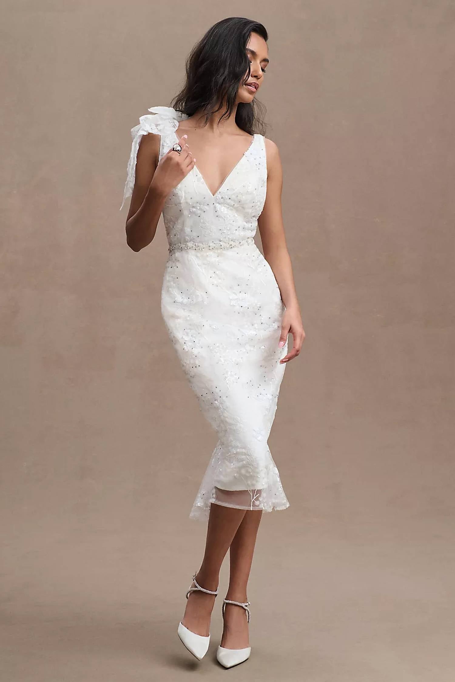Mac Duggal - Beaded Sequin Floral Tea Length Formal Gown