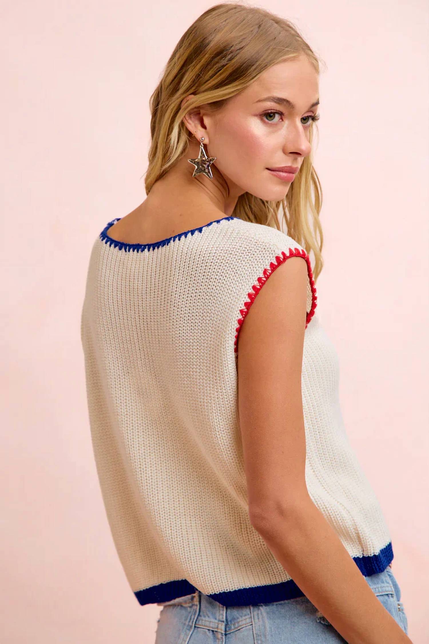 Bibi - 4th Of July Blanket Stitch Knit Top