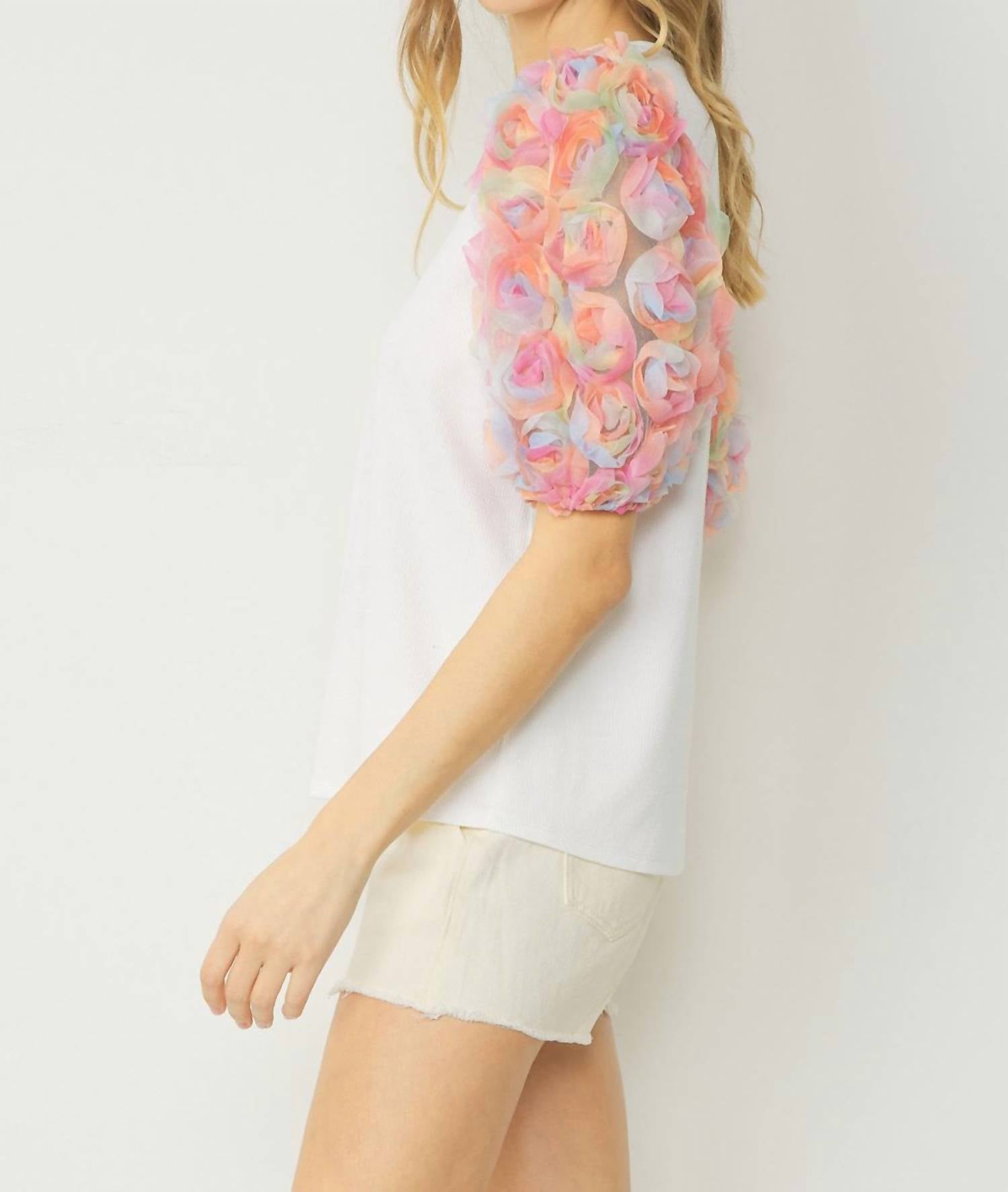 entro Floral Puff Sleeve Top in white - women's t-shirt - alternate view
