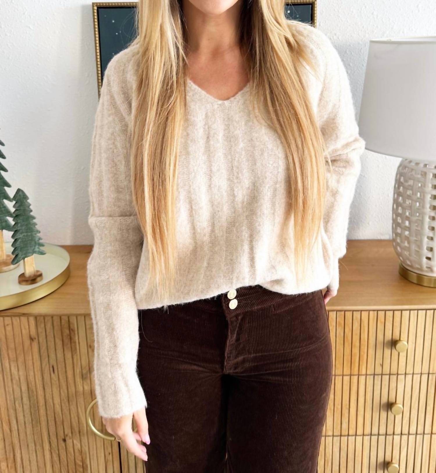 PINCH V-neck Textured Knit Sweater in oatmeal - women's sweater - detail view