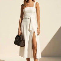 Dress Forum - Linen Square Neck Buckle Midi Dress