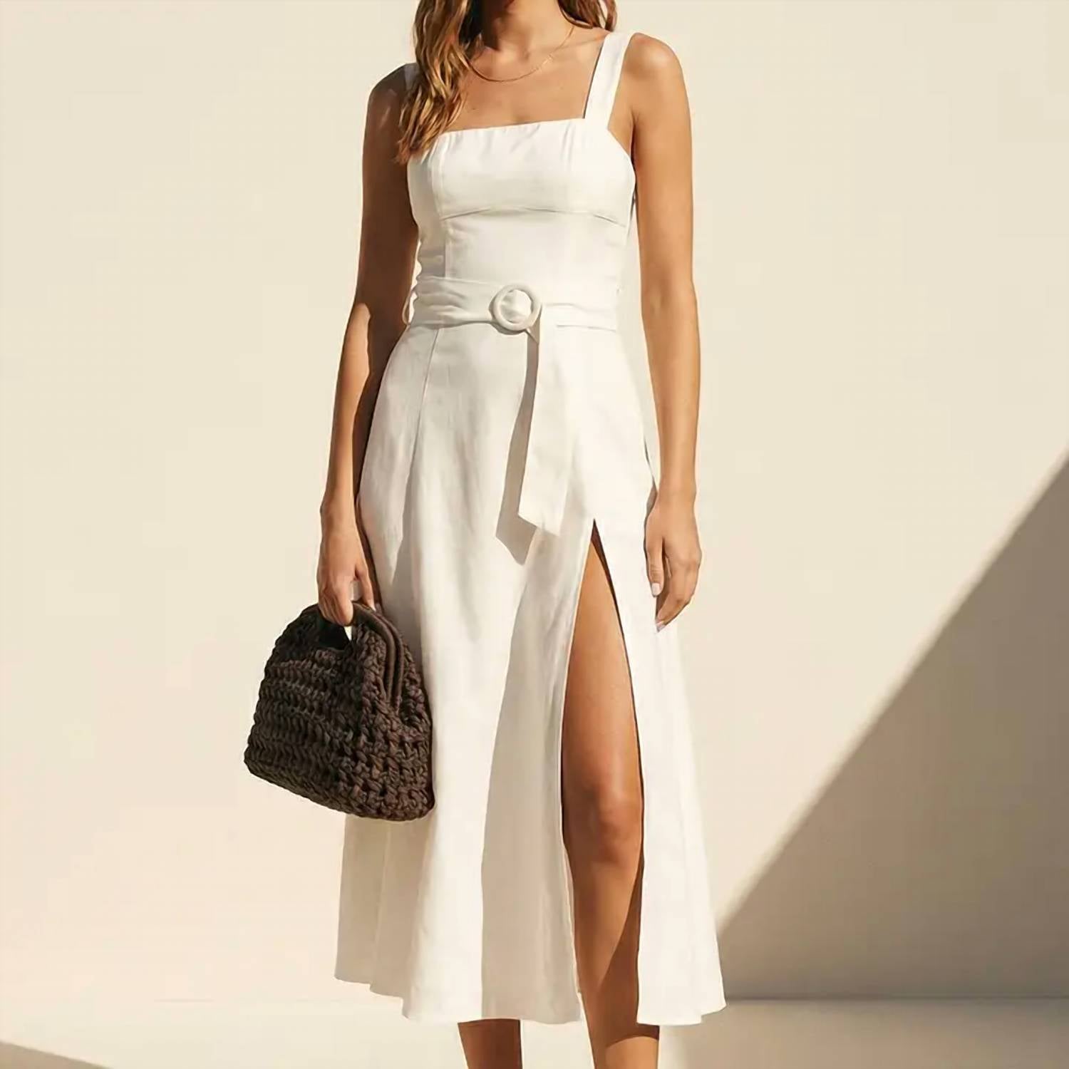 Dress Forum - Linen Square Neck Buckle Midi Dress