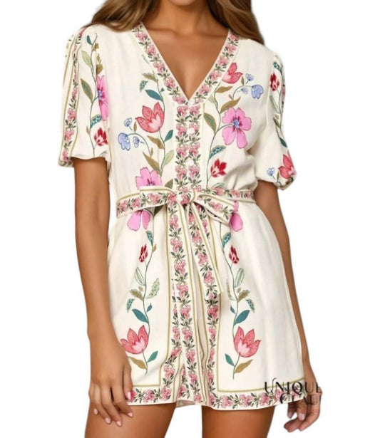 Lalavon - Rafaela Flower Print Short Puff Sleeve Romper
