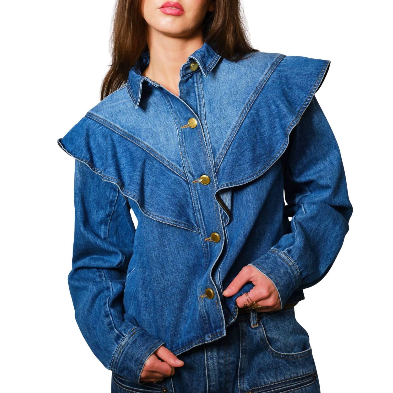 Blue B - Diagonal Ruffled Long Sleeves Denim Jacket
