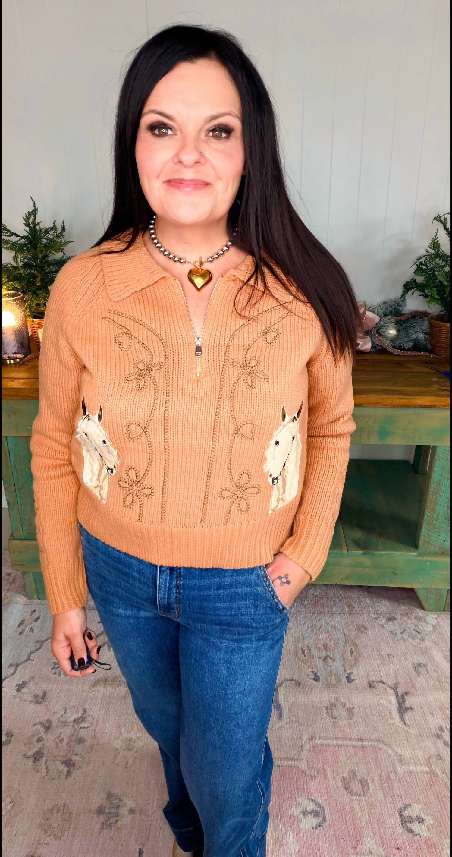Blue B - Horse Embroidered Zip Up Mock Neck Sweater