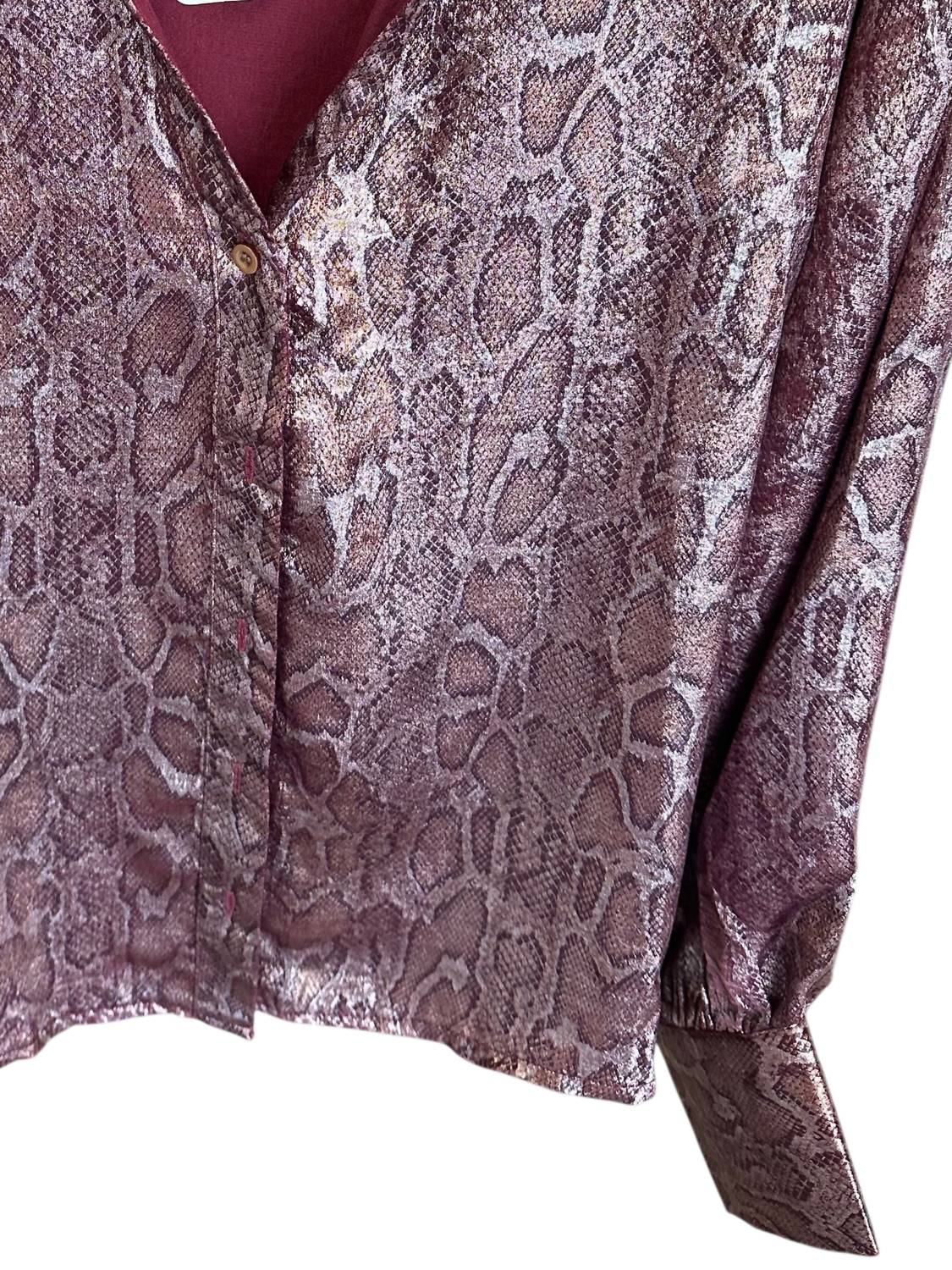 GLAM Women's Snakeskin Long Sleeve Blouse in burgundy - women's blouse - detail view