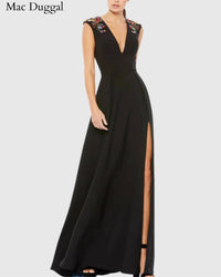 Mac Duggal - Beaded Cap Sleeve V-neck Gown