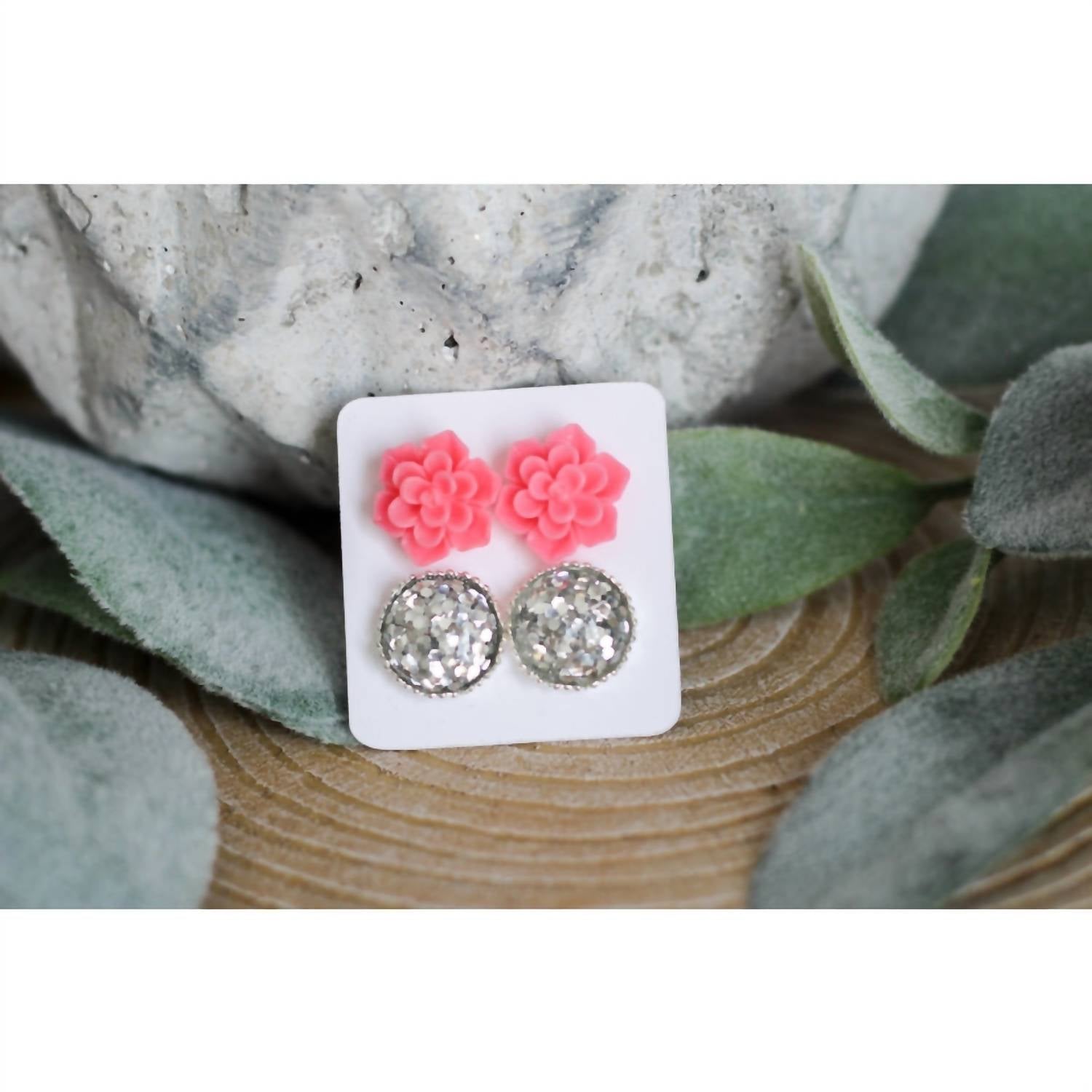 Urban Gemms - Women's Succulent & Druzy Stud Earring Set