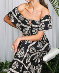 Vine & Love - Geo Printed Off The Shoulder Tassel Trim Dress