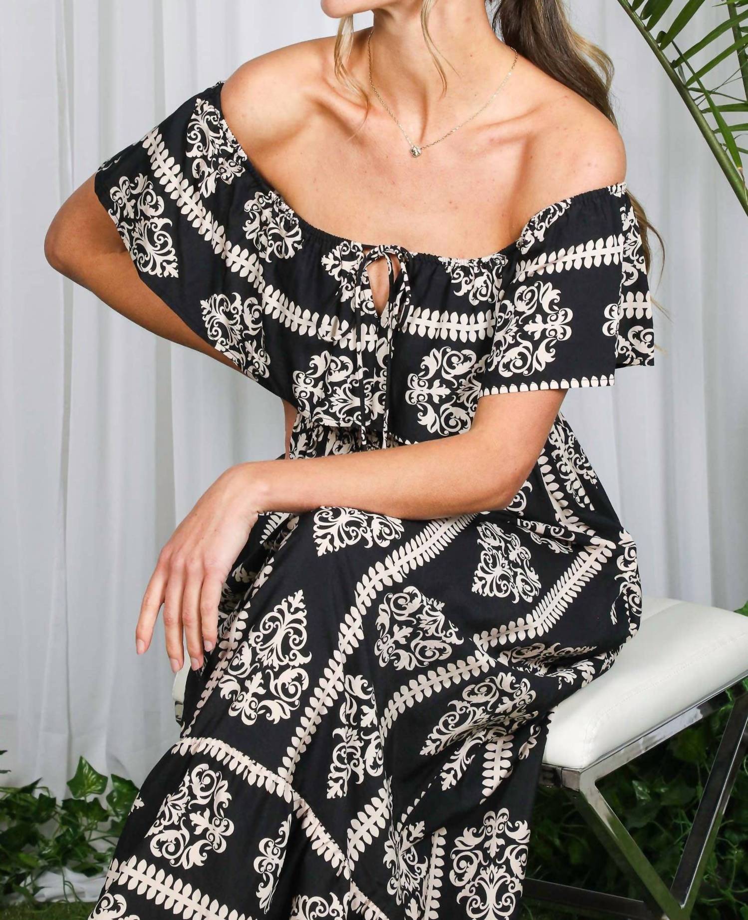 Vine & Love - Geo Printed Off The Shoulder Tassel Trim Dress