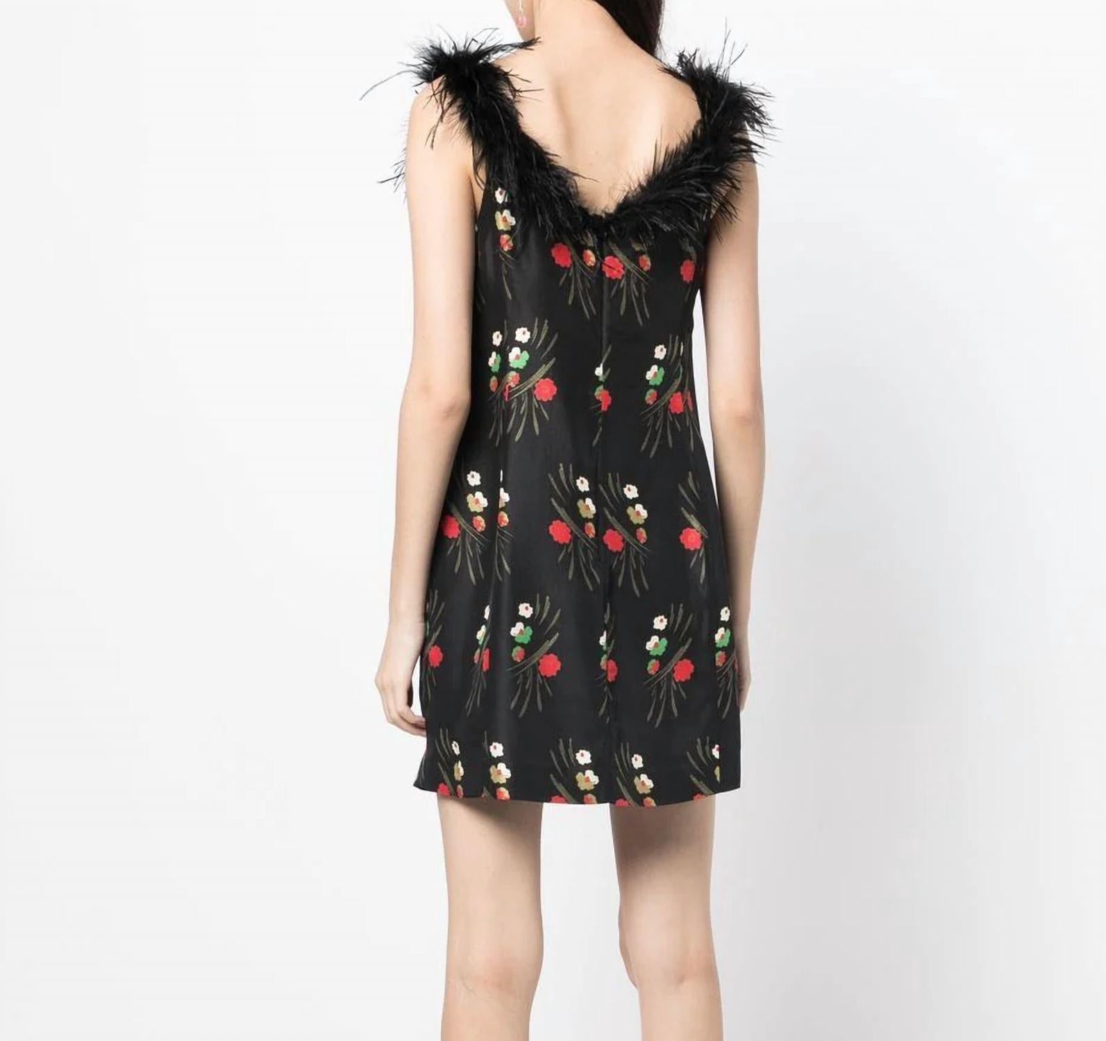 Floral-Print Feather-Trim Mini Dress
