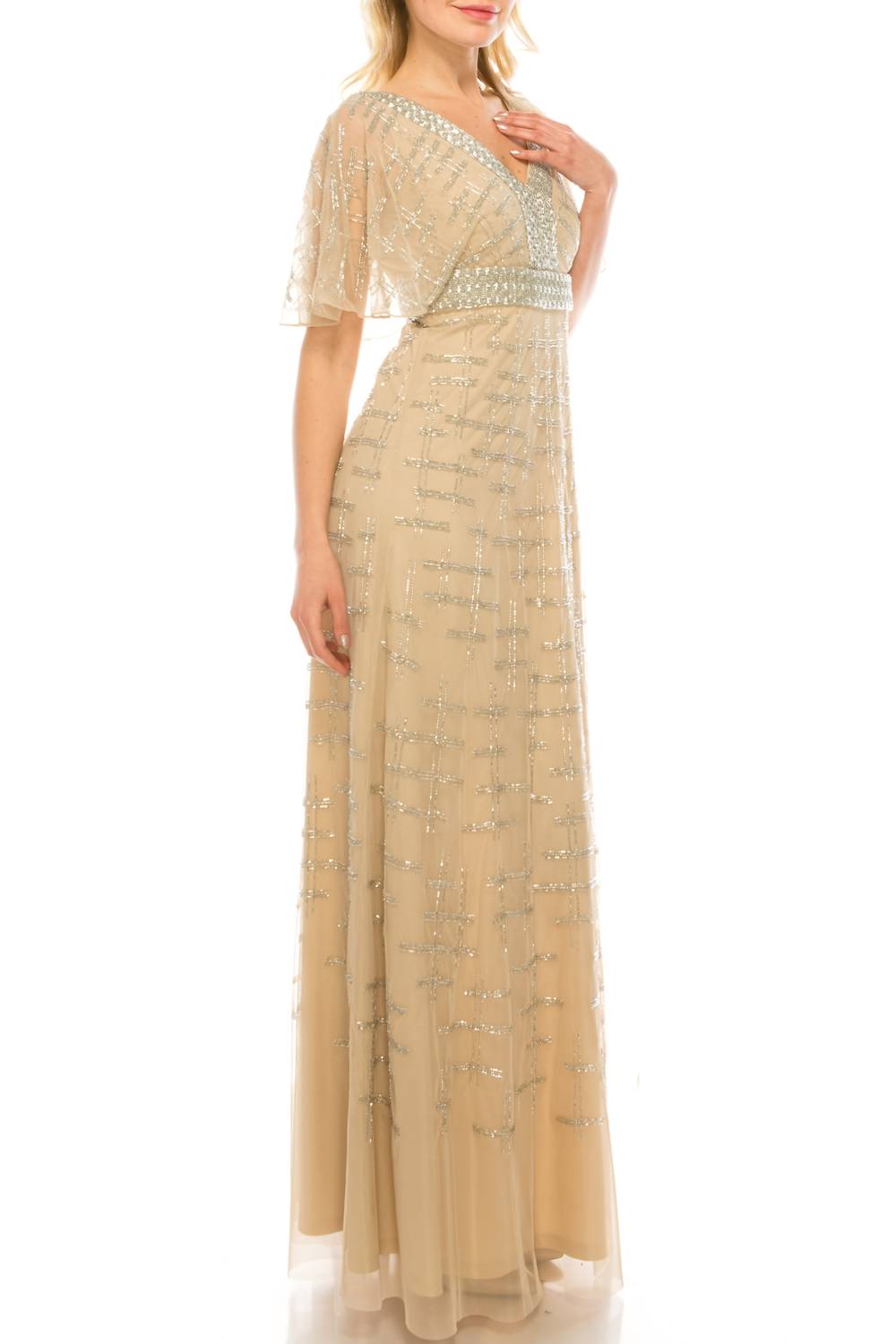 Aidan Mattox - V-neck Cape Sleeve Embellished Dress